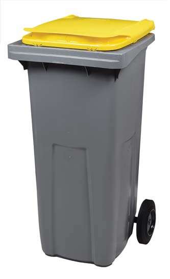 Image de Bac conteneur gris couvercle jaune 120L 2 roues Korok/1