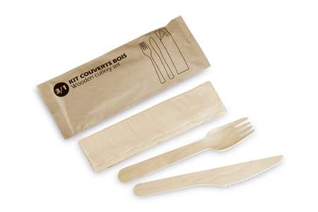 Image de Kit fourchette+couteau bois+serviette emballés kraft/500